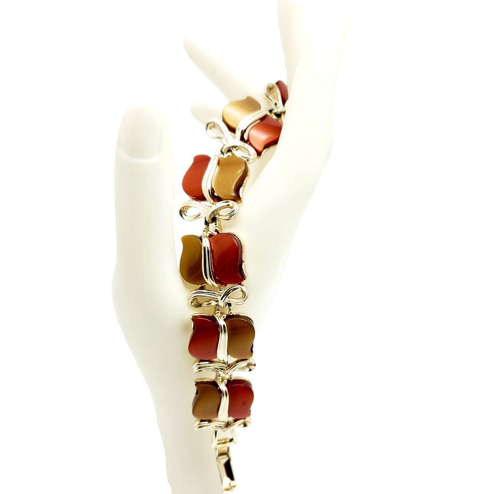 Brown Rust Thermoset Bracelet Lucite Gold Tone Links Modernist Atomic MCM Star